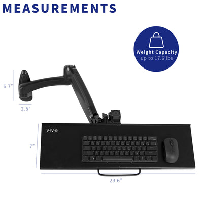 Dimensions of a wall mount keyboard tray from VIVO with a hefty weight capacity.
